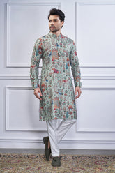 Sea Green Cotton Animal Motif Print Kurta Pajama